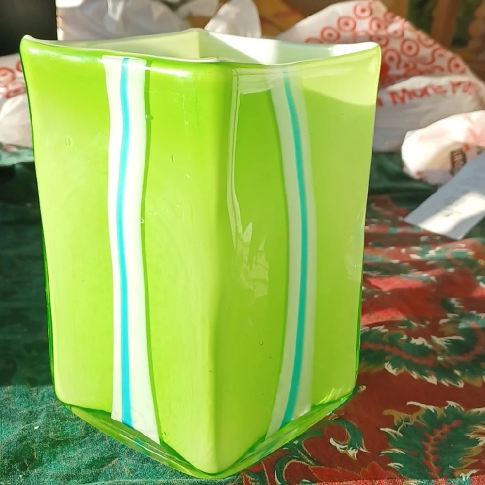 Vintage hand-blown green & blue & white vase, 7